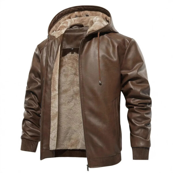 Winter Fleece-lined Men's Casual All-matching Hooded Leather Coat Coat - Image 2