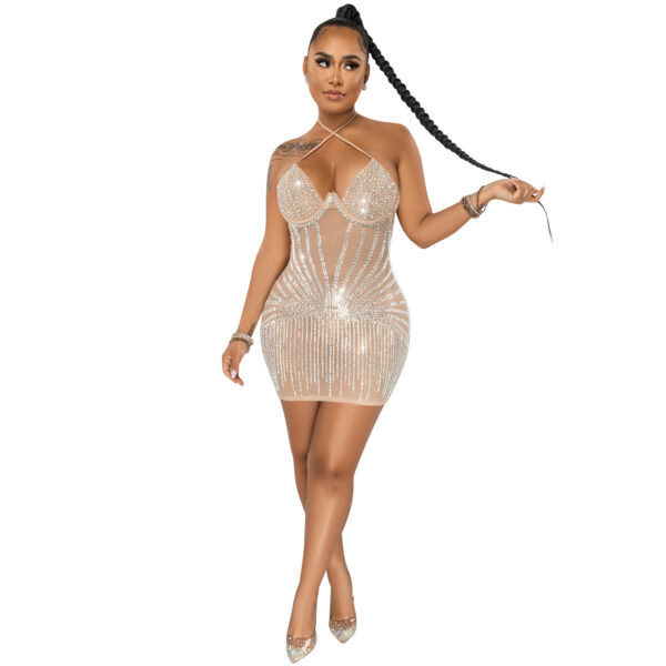 Sling Wrapped Chest Rhinestone Mesh Perspective Skirt Dress - Image 7