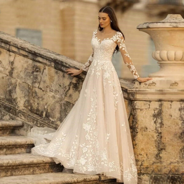 Long Sleeve Wedding Dress Mori Style Bridal Simple Round Neck - Image 9