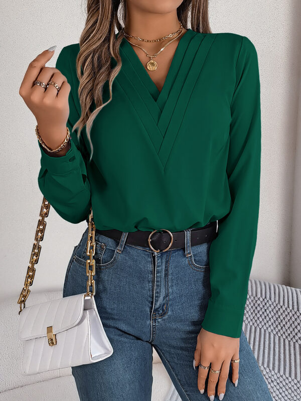 Fashion V-Neck Long Sleeve Shirt Elegant Commuter Solid Blouse Office Women's Clothing - Image 4