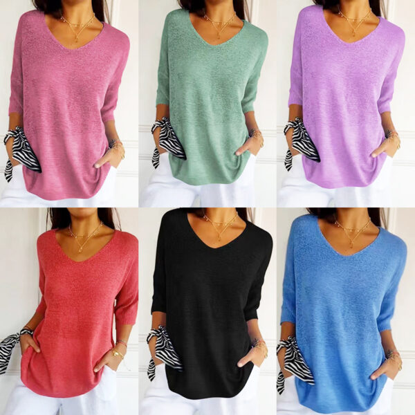 Solid Long Sleeve Sweater Slimming V-neckline Knitwear Women's Bottoming Shirt - Image 8