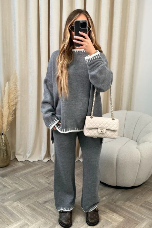 Women's Suit Fashion Pullover Split Long-sleeved Top And Loose Straight Pants Solid Color Two-piece Set - Image 6