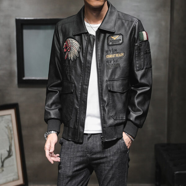 Men's Pu Leather Jacket Men's Lapel Embroidery Motorcycle Jacket - Image 5