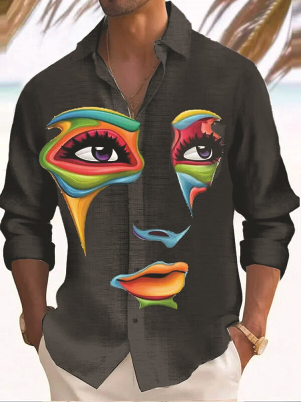 New Casual Striped Lapel 3D Digital Printing Men's Long-sleeved Shirt - Image 4