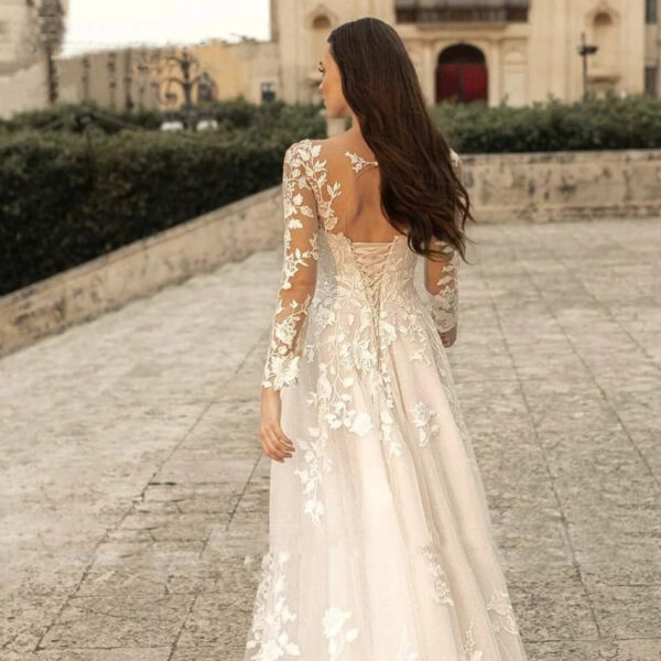 Long Sleeve Wedding Dress Mori Style Bridal Simple Round Neck - Image 10