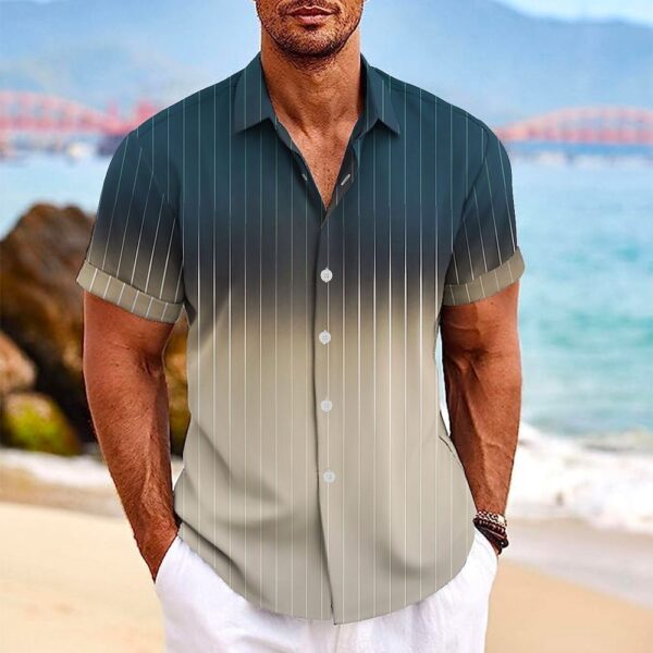 Lapel Button Short-sleeved Shirt Summer Fashion Gradient Striped Print Beach Shirt Leisure Tops Men's Clothing - Image 3