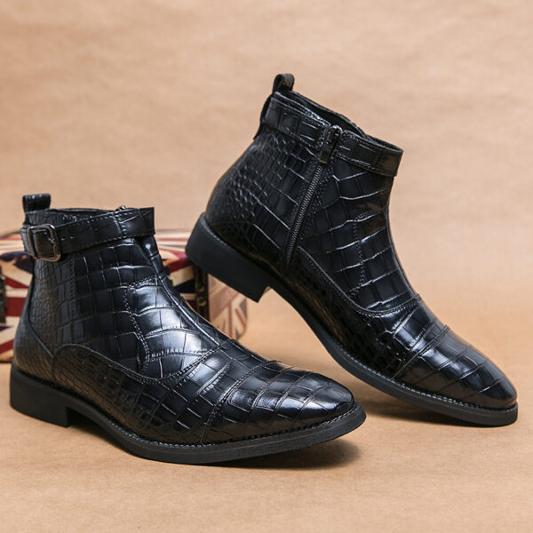 Men's Crocodile Pattern Boots Fashion Pointed Toe Low Square Heel Buckle Zipper Ankle Boots Business Formal Leather Shoes - Image 2