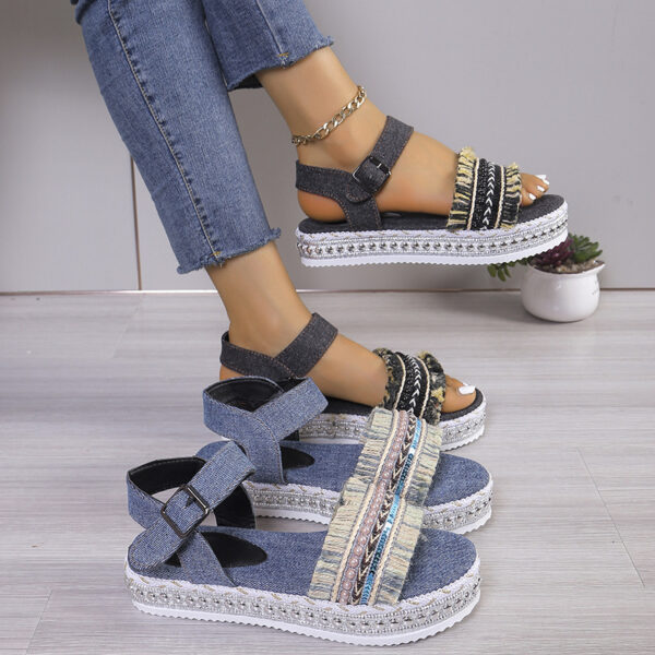 Fashion Tassel Denim Sandals With Thick-soled Flat Heel New Summer Hemp Rope Sole Ethnic Style Shoes For Women - Image 4