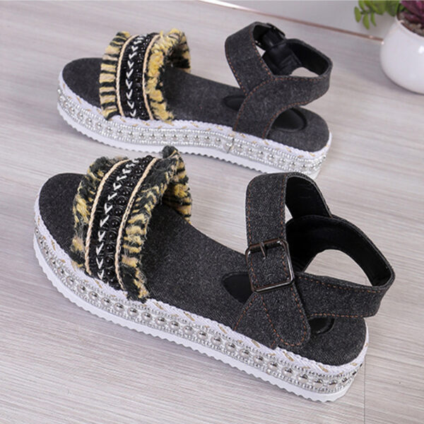 Fashion Tassel Denim Sandals With Thick-soled Flat Heel New Summer Hemp Rope Sole Ethnic Style Shoes For Women - Image 9