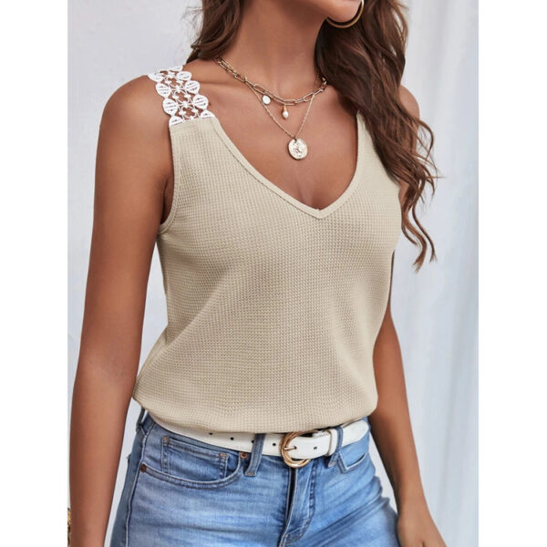 Waffle V-Neck Vest Sleeveless Lace Tank Shirt Tops Summer - Image 4