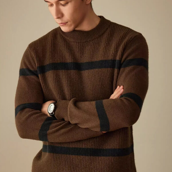 Pure Wool Men's Casual Striped Contrast Color Warm Sweater