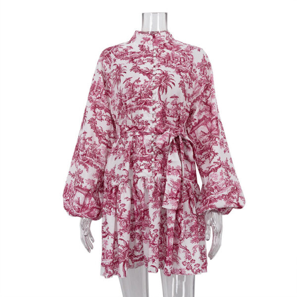 Ink Print Long Sleeve Short Dress With Fashion Puffy Sleeve Lapel Tie A-Line Dress Clothing - Image 2