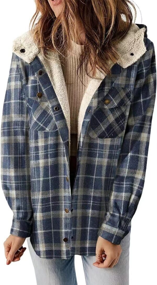 Casual Plaid Hooded Woolen Coat Thickened Fleece-lined Warm Jacket - Image 5