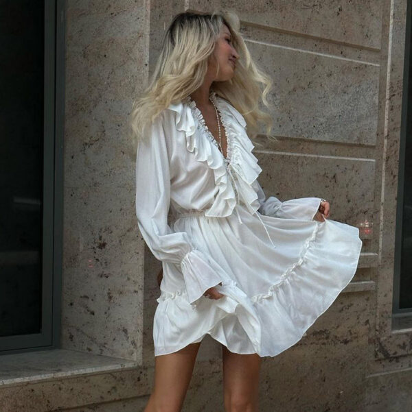 Fashion V Neck Pleated Ruffle Long Sleeve Dress Y2K V Neck Flared Sleeve Short Dress Women's Clothing - Image 10