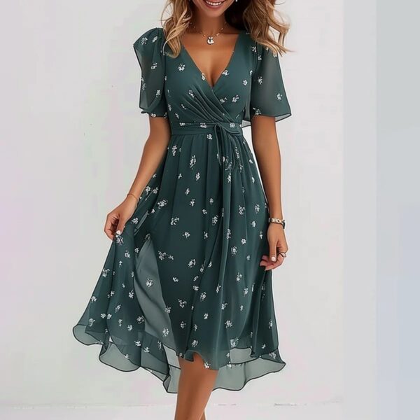 Chiffon Printed Short Sleeve Dress Summer Elegant V-neck Dresses Womens Clothing - Image 9