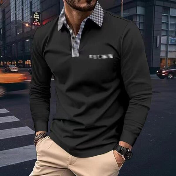 Leisure Plaid Lapel Polo Shirt Fashion Solid Color Long Sleeve Tops Men's Clothing - Image 5