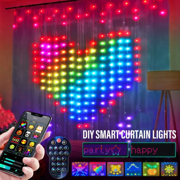 Smart LED RGB Curtain String Lights Bluetooth APP Control Christmas Fairy Light Garland DIY Picture Display Party Wedding Decor