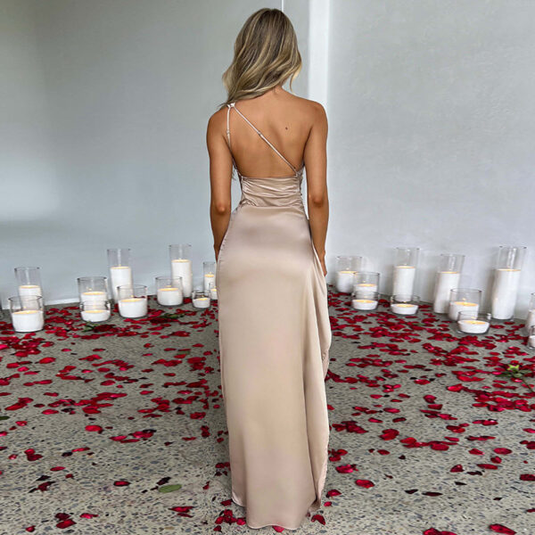 Sexy One-shoulder Backless Slit Dress Summer Elegant Slim-fit Solid Color Satin Dresses For Women - Image 8