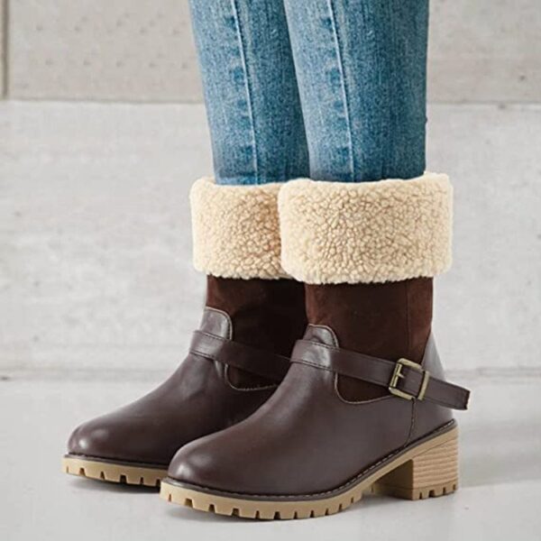 Fashion Boots With Buckle Chunky Heel Shoes Warm Winter Round Toe Western Boots For Women - Image 2