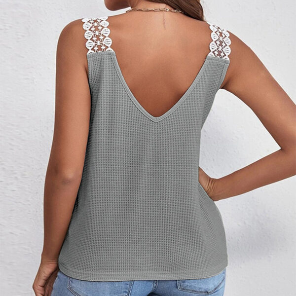 Waffle V-Neck Vest Sleeveless Lace Tank Shirt Tops Summer - Image 6