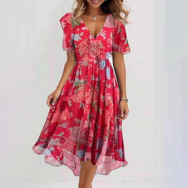 Chiffon Printed Short Sleeve Dress Summer Elegant V-neck Dresses Womens Clothing - Image 2