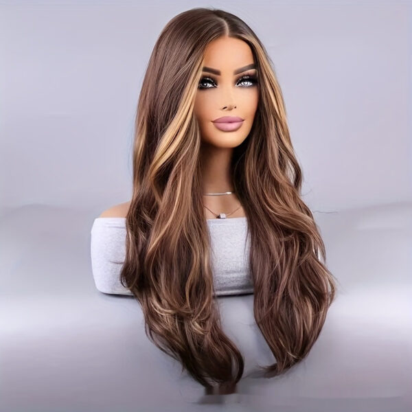 26-inch Elegant Women's Wig Brown Mixed Color Wavy Long Hair Synthetic Fiber Rose Mesh Cap Daily Wear - Image 4