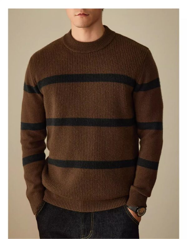 Pure Wool Men's Casual Striped Contrast Color Warm Sweater - Image 5