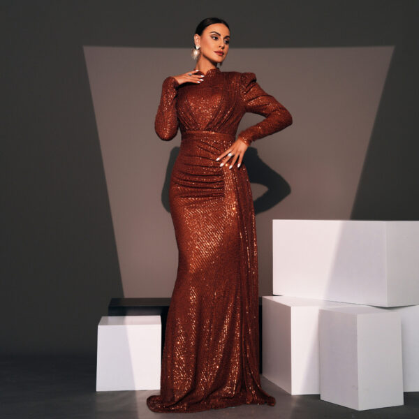 Long Sleeve Round Neck Sexy Slim Long Sequined Banquet Dress - Image 7