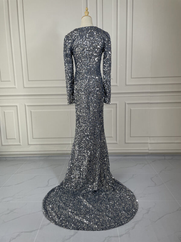 Grey Long Sleeve Sequin Evening Dress - Image 2