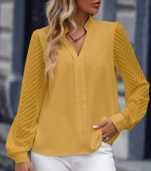 V-neck Long-sleeved Chiffon Shirt Lace Stitching Solid Color Tops Women Clothing - Image 5