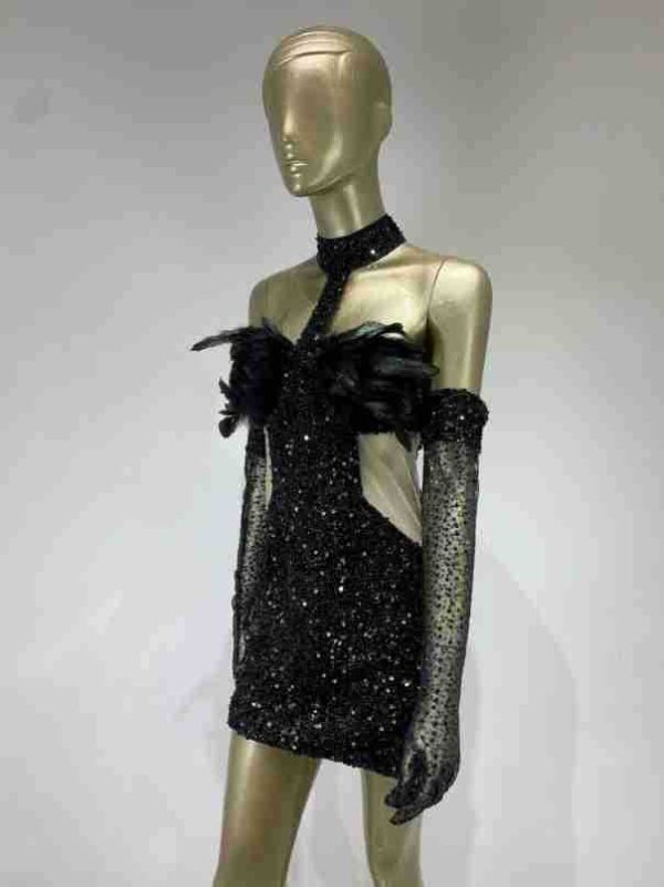 Dress Halter Feather Sequins Short Hip Skirt With Gloves Dress - Image 6