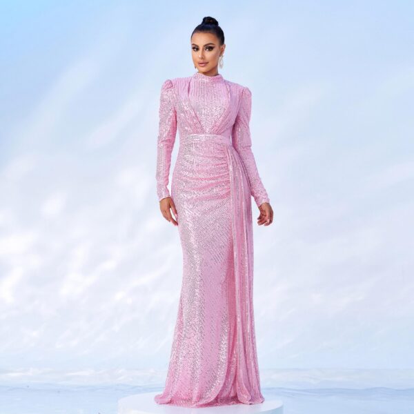 Long Sleeve Round Neck Sexy Slim Long Sequined Banquet Dress - Image 3