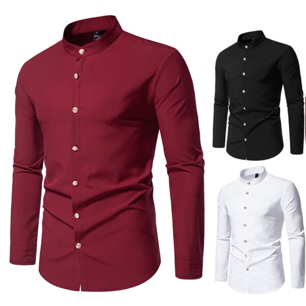 Men's Fashion Solid Color Party Shirt Metal Button Long Sleeve - Image 2