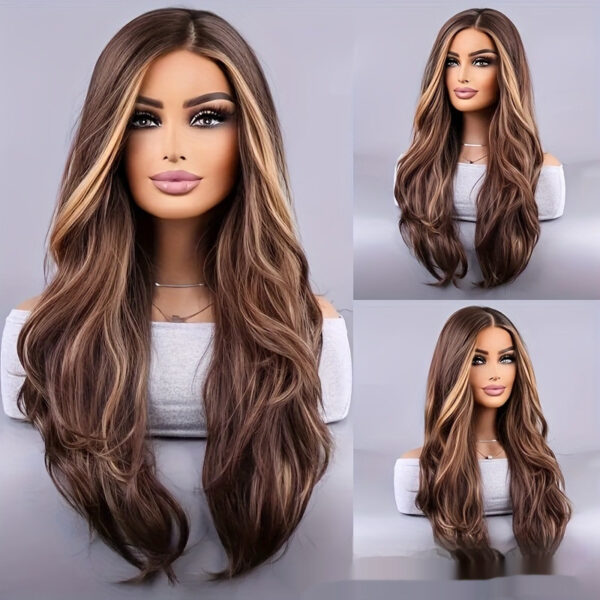 26-inch Elegant Women's Wig Brown Mixed Color Wavy Long Hair Synthetic Fiber Rose Mesh Cap Daily Wear