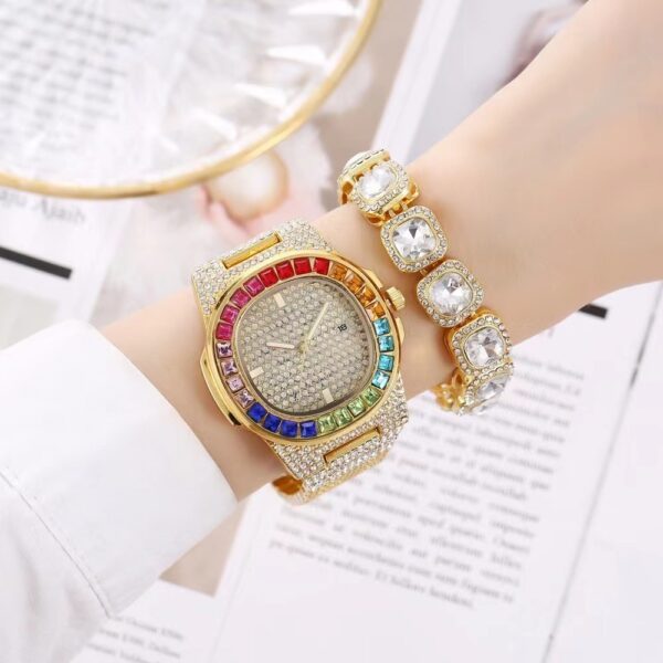 Full Diamond Inlaid Color Diamond Steel Belt Square Belt Calendar Quartz Wrist Watch - Image 9