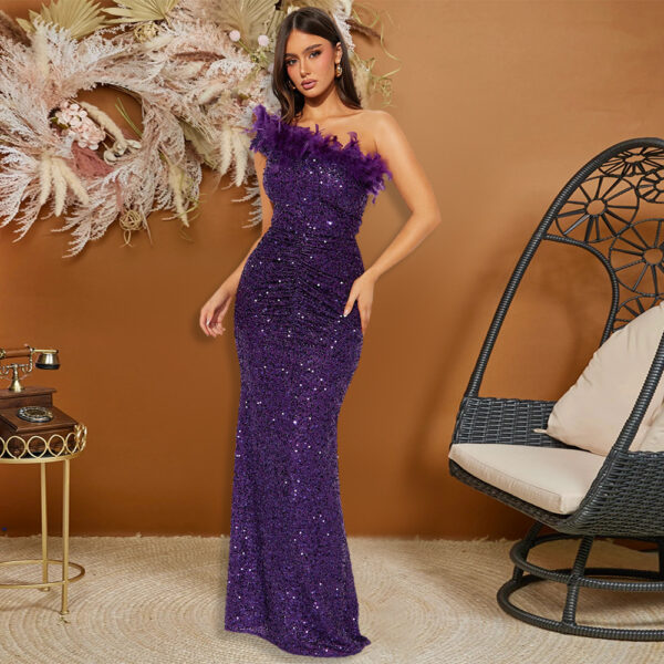 Black Paillette Feather Stitching Sequin Sexy Evening Dress Women - Image 2