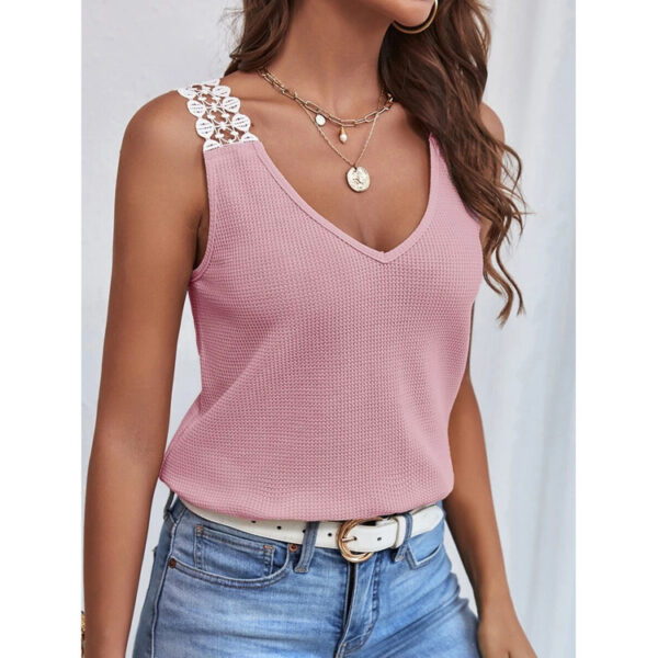 Waffle V-Neck Vest Sleeveless Lace Tank Shirt Tops Summer - Image 7