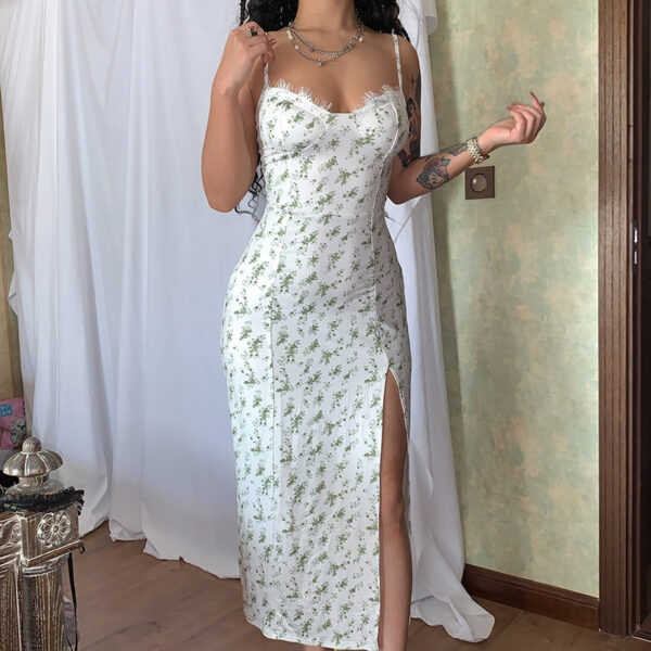 Lace Flowers Print Long Dress Sexy Fashion Slit Suspender Dress Summer Womens Clothing - Image 4