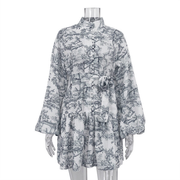 Ink Print Long Sleeve Short Dress With Fashion Puffy Sleeve Lapel Tie A-Line Dress Clothing - Image 8