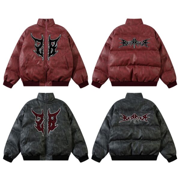 American Retro PU Leather Bread Coat Veneer Embroidery Thickening Cotton Coat Jacket - Image 2