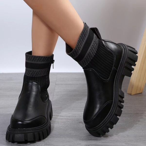 Fashion Mid-tube Boots With Zipper Design Non-slip Thick Sole Elastic Knitted Patchwork Boots For Women Round Toe Shoes Winter - Image 2