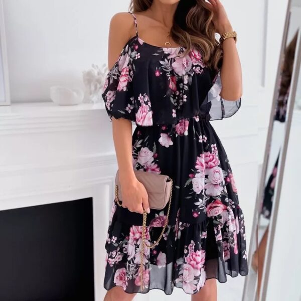 Flower Printed Ruffled Suspender Dress Summer Off-the-shoulder Strap Dresses Women - Image 8