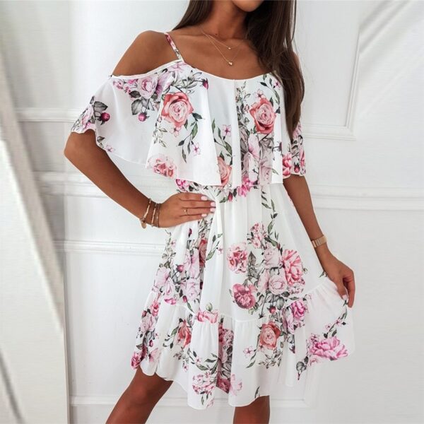 Flower Printed Ruffled Suspender Dress Summer Off-the-shoulder Strap Dresses Women - Image 6