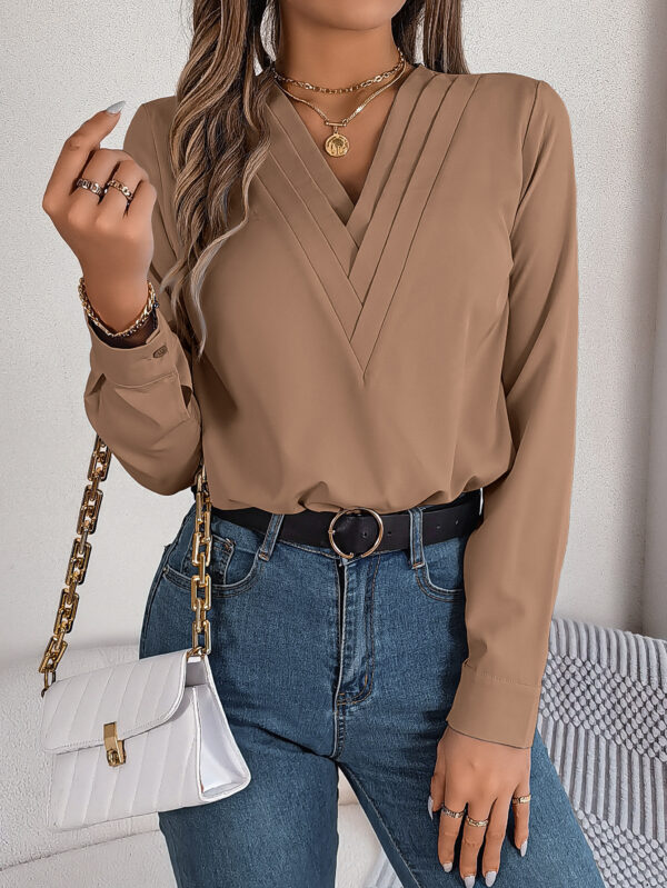 Fashion V-Neck Long Sleeve Shirt Elegant Commuter Solid Blouse Office Women's Clothing - Image 6