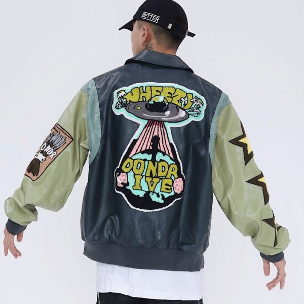 Cartoon Embroidery Contrast Color Stitching PU Leather Jacket Men's - Image 3