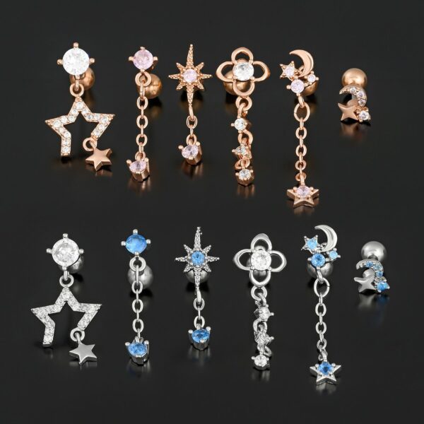 Fashion Jewelry Piercing Star Moon Cubic Zirconia Stainless Steel Pendant Cartilage Earring Chain Hoop Earring - Image 2