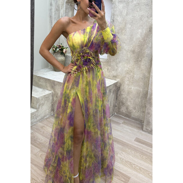 Mesh Tie-dye Printed Off-shoulder Slit Dress Summer INS Fashion Long Dress Party Womens Clothing - Image 3