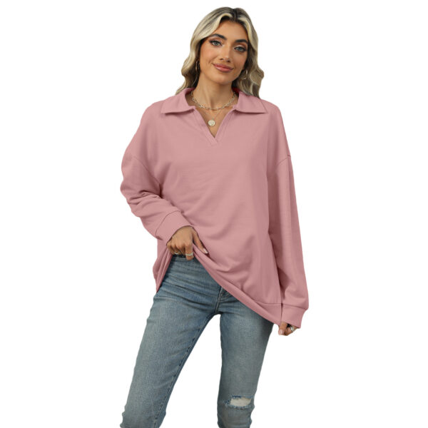 New Lapel V-neck Sweatshirt Fashion Casual Loose Solid Color  Long-sleeved Pullover Top For Womens Clothing - Image 2