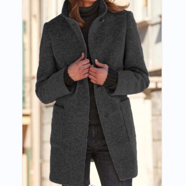 Fashion Stand Collar Woolen Coat With Pockets Fall Winter Casual Button Outwear For Women Clothing - Image 6