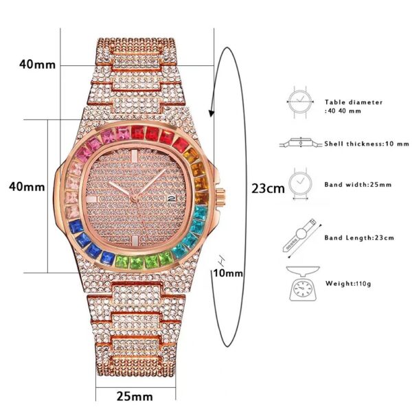 Full Diamond Inlaid Color Diamond Steel Belt Square Belt Calendar Quartz Wrist Watch - Image 10